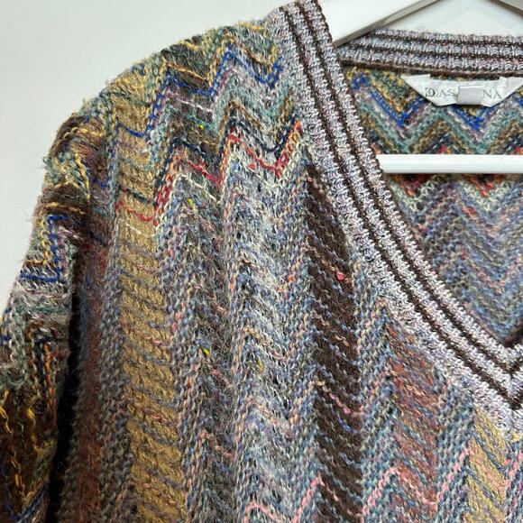 Vintage 90s Casalana Grandpa Sweater Chunky Knit Rainbow Chevron V Neck Medium - Picture 3 of 11